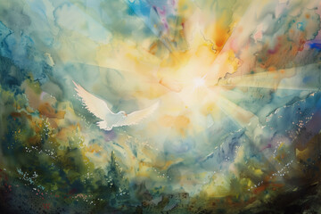 Fototapeta na wymiar A watercolor painting shows the Holy Spirit gently descending, casting soft, colorful light on a peaceful