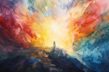 A watercolor painting shows the Holy Spirit gently descending, casting soft, colorful light on a peaceful - obrazy, fototapety, plakaty