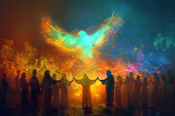 Digital art of people united, holding hands, with a glowing dove representing the Holy Spirit - obrazy, fototapety, plakaty