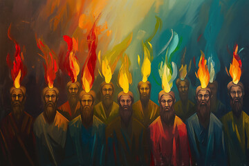 Painting shows 12 Apostles, each with a colored flame representing the Holy Spirit