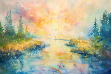 A watercolor painting shows the Holy Spirit gently descending, casting soft, colorful light on a peaceful - obrazy, fototapety, plakaty