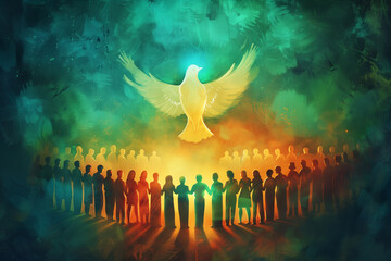 Digital art of people united, holding hands, with a glowing dove representing the Holy Spirit - obrazy, fototapety, plakaty