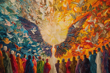 Tiny dots create a colorful pointillist artwork of Pentecost