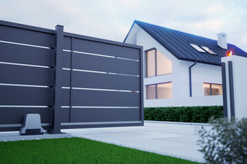 Automatic Sliding Gate and house, 3D illustration