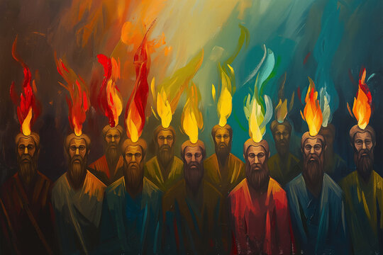 Painting shows 12 Apostles, each with a colored flame representing the Holy Spirit