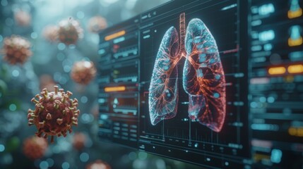 Radiology Doctor working on diagnosis and treatment of a virtual human lung and long COVID 19 on modern interface screen. Health care, medical innovation, and medical technology concepts. - obrazy, fototapety, plakaty