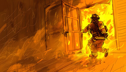 A sketch of a female firefighter rushing into a burning building to rescue a trapped individual wit Generative AI