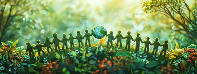 Row of green grass dolls holding a world ball in a field, on a blurred nature background. Illustration, design, drawing, panoramic abstract representation the Planet Earth protection and conservation.