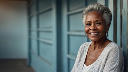 old woman smiling face with wide shot blur background 