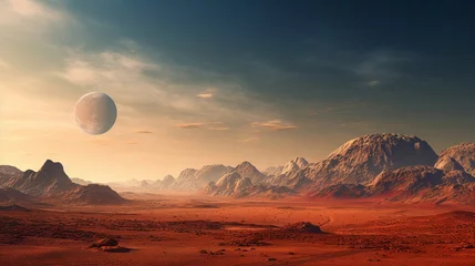 Fototapeten Otherworldly Landscape: Rocky Hills, Mars-like Moon on Red Planet - NASA Canon RF 50mm © Nazia