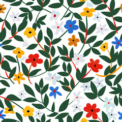 Field of geometric flowers with leaves on white background