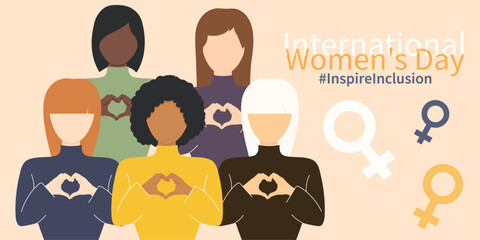 International Women's Day banner of campaign 2024. #InspireInclusion.March Women's History Month.8 March.Faceless Womans for #InspireInclusion 2024 campaign.Heart-shaped hands.Inspire Inclusion. - obrazy, fototapety, plakaty