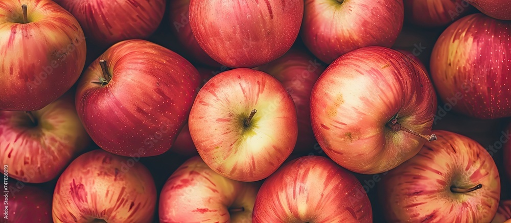 Poster a cluster of ripe red apples arranged neatly side by side, showcasing their vibrant color and freshn