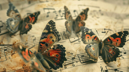 Depict butterflies emerging from musical scores, their wings patterns mirroring the notes, symbolizing the transformation of music into beauty