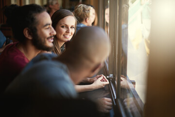 Smile, happy and friends at window of coffee shop together for bonding or conversation on weekend....