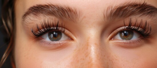 Obraz premium This close-up shot features a womans face showcasing long and glamorous eyelashes, emphasizing the intricate details and volume of her lash extensions.