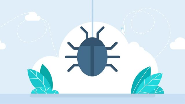 Bug, beetle. Spider descends on its web. Spider on the web in the center of the screen. Find errors, software testing concept. Blue beetle on a white background. Cartoon minimal style. 2d animation
