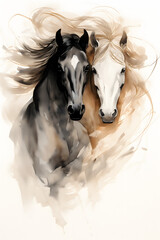 Obraz na płótnie Canvas Abstract watercolor painting of two horses running on white background in the style of black and beige. Minimal soft brushstroke. Animal painting for decoration, interior, wallpaper, background