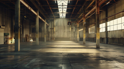 Spacious Industrial Warehouse Interior with Sunlight Streaming In - obrazy, fototapety, plakaty