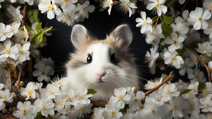 Guinea pig, portrait front view among the branches of spring flowering trees on a dark background