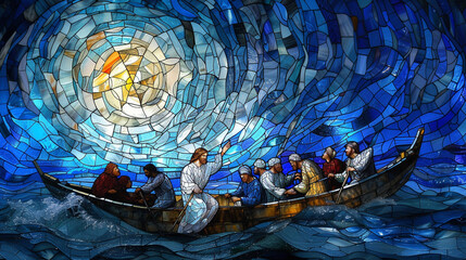 Illustrate Jesus walking on water in a stained glass design, with shades of blue and white capturing the miracle and the disciples' awe in the boat.