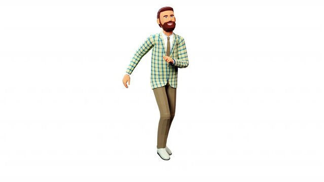 A jovial 3D animated character with a beard is depicted ambling with a smile on their face, showcasing smooth cartoon motion. Looped with alpha channel