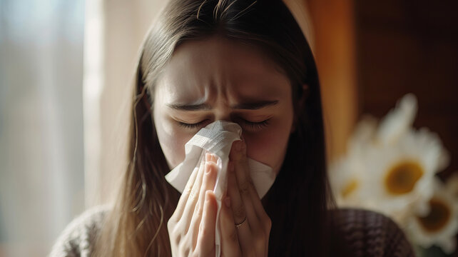 Young woman ill, using tissue for flu symptoms AI Generative.