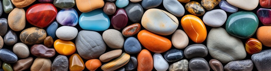 multicolored stones of different shapes and sizes on sea shore. Travel and vacation concept with copy space.  - obrazy, fototapety, plakaty