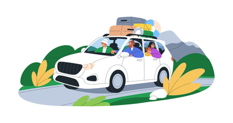 Family travel by car with baggage. Happy people in road trip on summer holidays. Tourists looking out of window on way to sea resort on vacation. Flat vector illustration isolated on white background © Good Studio