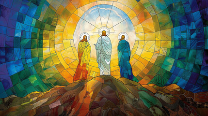 Illustrate the Transfiguration of Jesus on the mountain with Moses and Elijah in stained glass, using radiant colors to highlight the divine revelation and the awe of the witnessing disciples - obrazy, fototapety, plakaty
