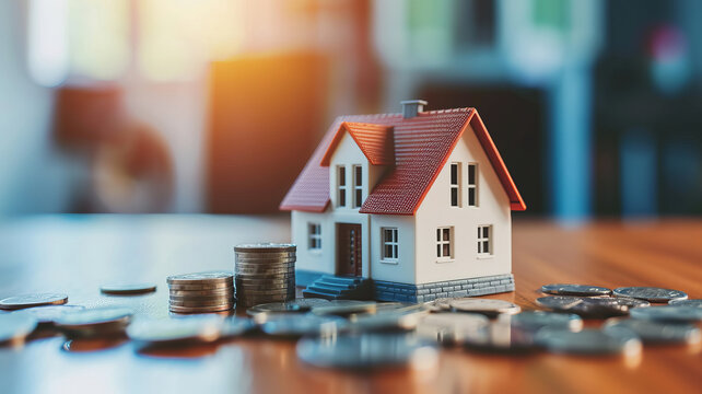 Miniature house model with a stack of coins conceptually showcasing real estate investment and financial planning, AI Generative.