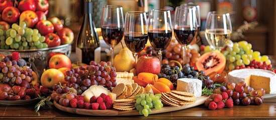 Fototapeta na wymiar A wooden table is covered with a variety of fresh fruits, including grapes, apples, and strawberries, alongside bottles of wine and cheeses. The scene suggests a preparation for a party or gathering.