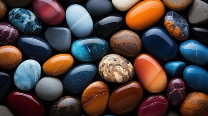 Colorful pebbles background, top view, square composition. Travel and vacation concept with copy space. 