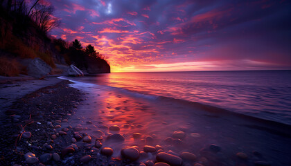 The sun sets over a pebble-strewn beach, with the vibrant colors of twilight reflecting on the...