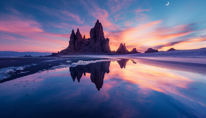 Rocky spires reach up to a vibrant sunset sky, reflected perfectly on the icy beach under a crescent moon - obrazy, fototapety, plakaty