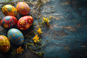 Beautiful decorated Easter eggs on a blue wooden surface. Easter composition, top view. Generative AI - Powered by Adobe