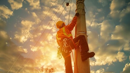 An electrical engineer worker climbs a power pole during sunset, showcasing their commitment to maintaining electrical infrastructure. Generative AI technology - obrazy, fototapety, plakaty