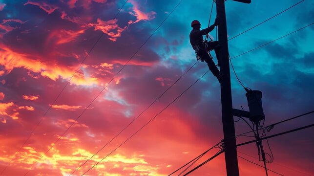 An electrical engineer worker climbs a power pole during sunset, showcasing their commitment to maintaining electrical infrastructure. Generative AI technology