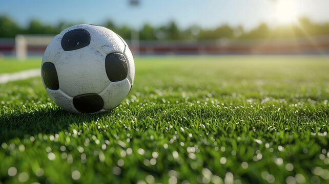 A vivid close-up view of a soccer ball on the lush green of a football field, rendered in an immersive 3D style, evoking the energy of AI Generative.