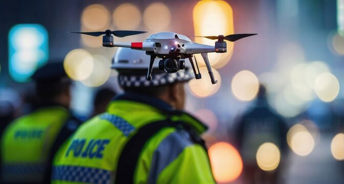 Police Officer Monitoring  Public Safety or Monitoring Crowd by Drone Camera. Public Safety Blurred image