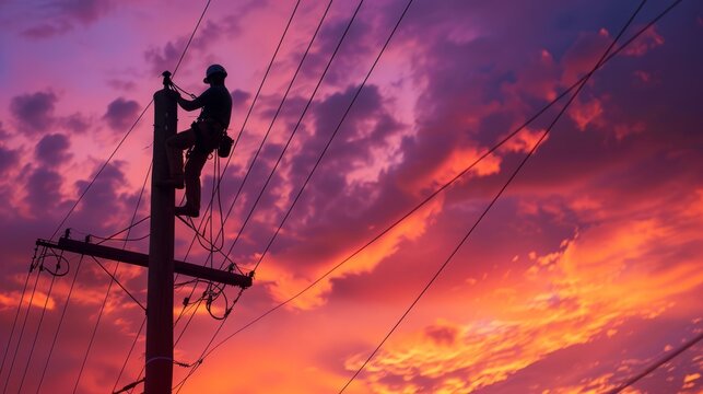 An electrical engineer worker climbs a power pole during sunset, showcasing their commitment to maintaining electrical infrastructure. Generative AI technology