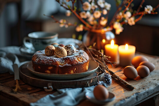 Easter cake with decorated eggs and candles, willow in a vase on a wooden table. Generative AI