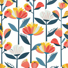 Field of geometric flowers with leaves on white background