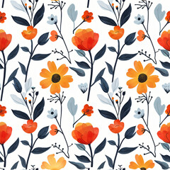 Field of geometric flowers with leaves on white background