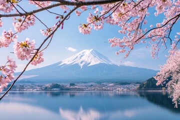 A stunning lake surrounded by mountains, with one snow-capped peak towering in the background, Sakura blossoms framing Mount Fuji, AI Generated
