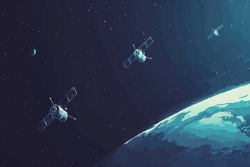 An artists rendering of a space station in orbit around the Earth, featuring solar panels and communication antennas, Satellites orbiting earth in a minimalist art style, AI Generated