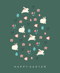 Happy Easter elements pattern design in egg shape greeting card on a teal background. rabbit flowers spring butterfly eggs.