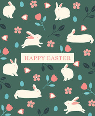 Happy sweet Easter elements pattern design greeting card on a teal background. rabbit flowers spring butterfly eggs.