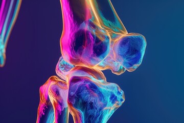 A detailed x-ray image displaying a knee joint, revealing signs of cartilage degeneration, Saturated colored 3D X-ray view of a human thigh bone, AI Generated - obrazy, fototapety, plakaty