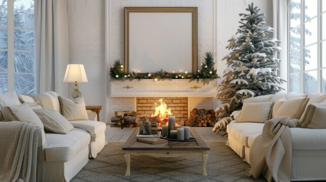 Mockup frame in living room interior background, modern home design, in winter, 3d render